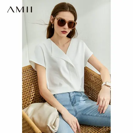 Amii气质不对称V领短袖雪纺衫2025夏季新款时尚宽松上衣女衬衣商品大图