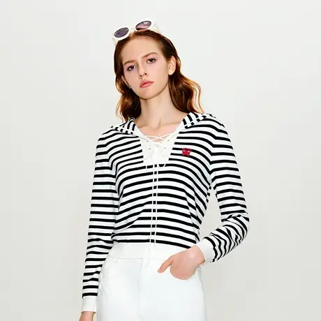 可可尼COCOON 商场同款春季减龄抽绳撞色条纹蝴蝶绣标毛衫上衣女商品大图