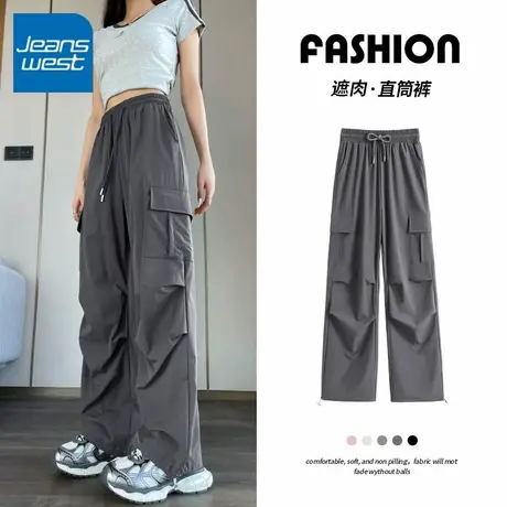 KV真维斯灰色工装裤女夏季薄款2025新款小个子美式运动休闲阔腿裤商品大图