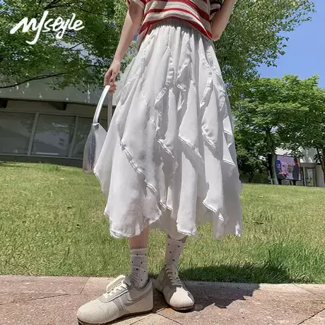MJ STYLE甜美风蕾丝半身裙女夏季新款不规则高腰显瘦a字中长裙商品大图