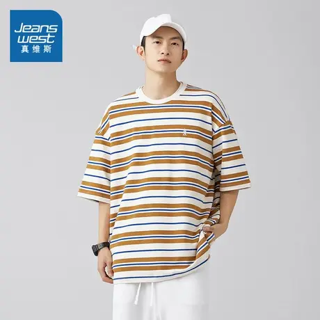 D4真维斯男装短袖T恤 2025夏季新款青年宽松休闲圆领套头条纹上衣商品大图