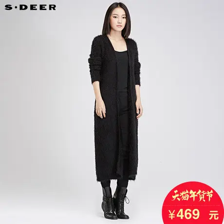 sdeer圣迪奥女2018冬装简约纯色轻柔长款开襟针织S16483573图片