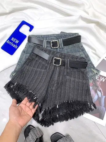 欧洲站竖条纹牛仔短裤女2024春夏新款显瘦百搭高腰流苏a字阔腿裤商品大图