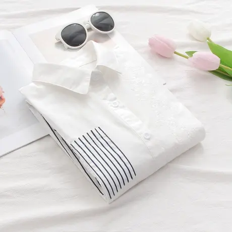 春秋新款韩版文艺条纹拼接提花纯棉长袖白衬衫女宽松百搭打底上衣商品大图