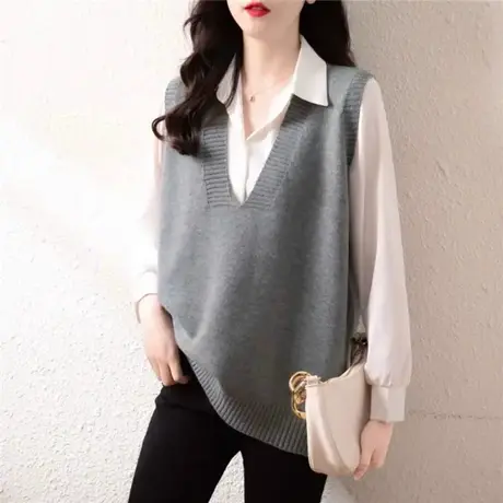 宽松韩版针织马甲女V领内搭洋气纯色马夹背心上衣商品大图