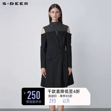 sdeer圣迪奥春装半高领露肩条纹收腰不规则连衣裙S221Z1265图片