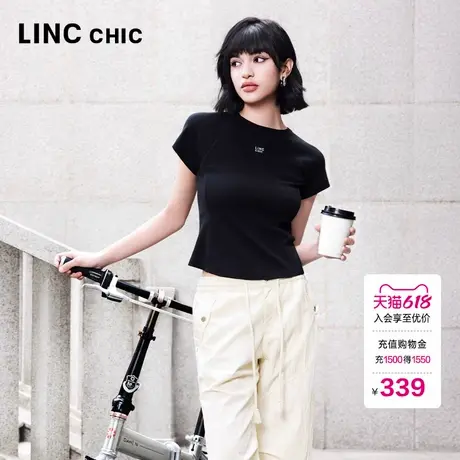 LINC金羽杰2025年夏季新款短袖简约圆领半袖黑色T恤女上衣FK301Y商品大图