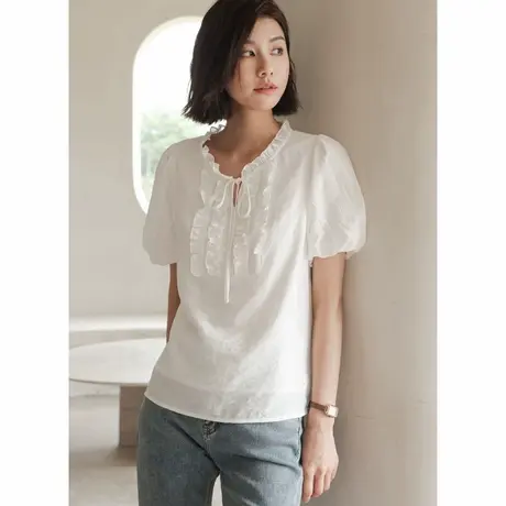 弥古白色短袖法式泡泡袖上衣女夏季薄款气质高级感衬衣中长款衬衫商品大图