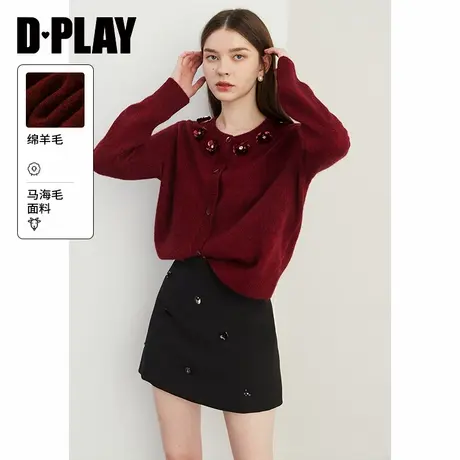 DPLAY年冬季新款红色毛衣女含马海毛羊毛针织衫独特亮片上衣图片