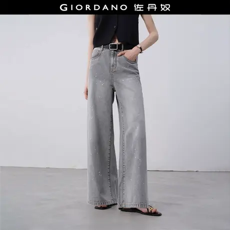 设计师款佐丹奴牛仔裤女洗水斑点半松紧腰复古牛仔阔腿裤18415911商品大图