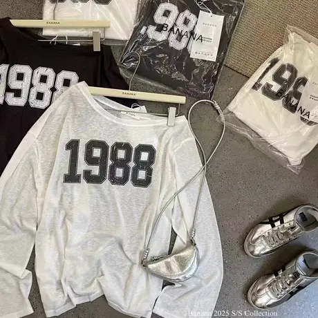 韩国东大门夏季新款慵懒数字印花薄款防晒罩衫斜领露肩长袖T恤女商品大图