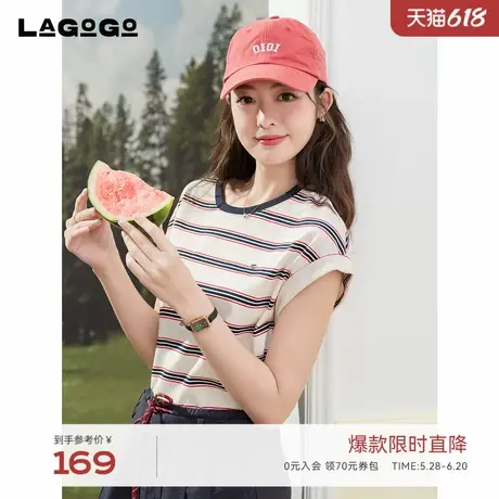 LAGOGO航海系条纹包袖T恤女拉谷谷2025年夏季新款百搭休闲上衣图片