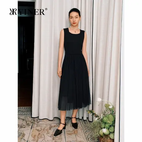 YINER音儿女装秋季法式复古方领小黑裙优雅针织连衣裙商品大图