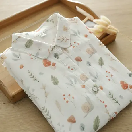 春秋新款文艺小清新减龄印花双层棉纱柔软长袖衬衫女学生打底上衣图片