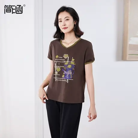 短袖棉T恤2024年夏季新款V领刺绣宽松休闲减龄显瘦半袖上衣图片