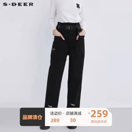 S·🎎DEER圣迪奥女装时尚抽褶高腰字母印花直筒黑色长裤S21480823商品大图