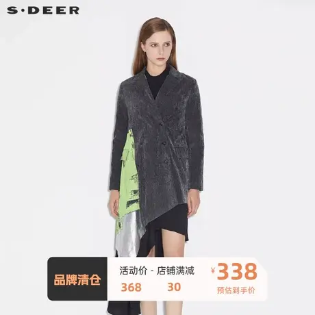 sdeer圣迪奥女装西装领灯芯绒不规则印花中长款风衣S21381701⭐商品大图