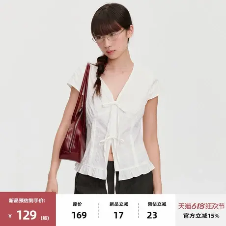 omont蛋挞家V领蕾丝系带短袖衬衫2025夏季肌理感修身小飞袖上衣女图片