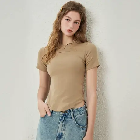 a02心机镂空设计师款纯色短款女式T恤夏季修身辣妹风短袖图片