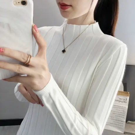 半高领打底衫女长袖春秋新款中领针织衫上衣短款修身紧身内搭毛衣商品大图