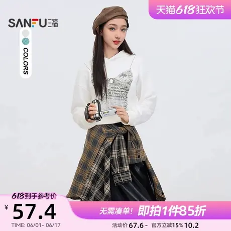 三福卫衣女2025新款春季个性胸衣印花短款连帽时尚上衣女装495746商品大图