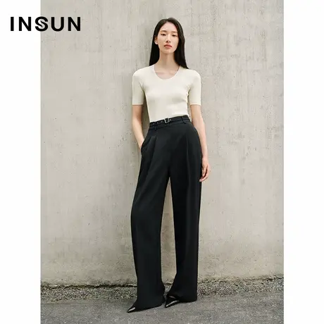 INSUN恩裳2025夏季简约时髦褶裥阔腿休闲裤商品大图