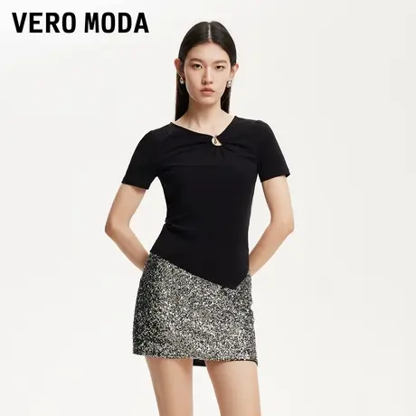 Vero Moda奥莱T恤女2025夏季新款不规则下摆金属装饰简约个性短袖图片