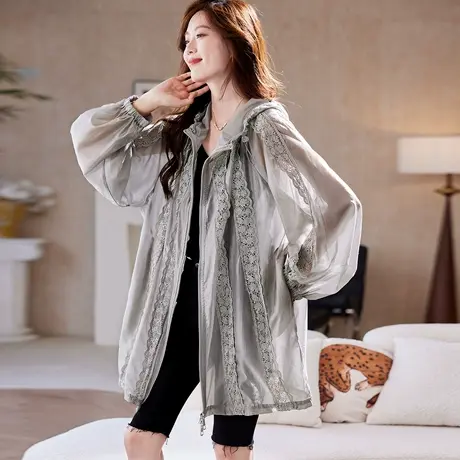 宝诗黎中长款蕾丝拼接防晒外套2025夏季轻薄透气镂空宽松大码女装图片