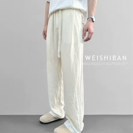 老钱风冰感天丝亚麻休闲裤男夏季垂感免烫抗皱阔腿裤白色宽松长裤商品大图