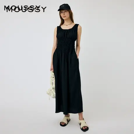【百】moussy 2024夏季新品度假风抽褶收腰优雅无袖连衣裙商品大图