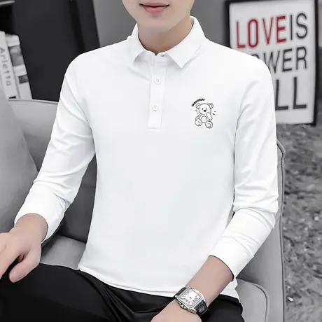 珠地棉白色polo衫男长袖带领翻领t恤商务小熊打底衫保罗潮流秋衣商品大图
