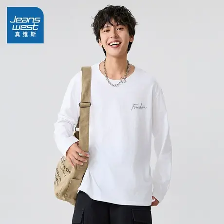 JR真维斯男女同款纯棉长袖T恤2025秋季新品时尚圆领印花男款上衣图片