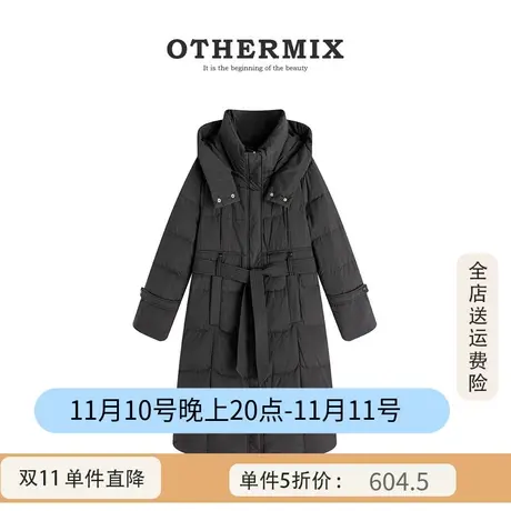 othermix长款连帽羽绒服格纹锁绒淑温柔风外套女2023冬季新款外套商品大图