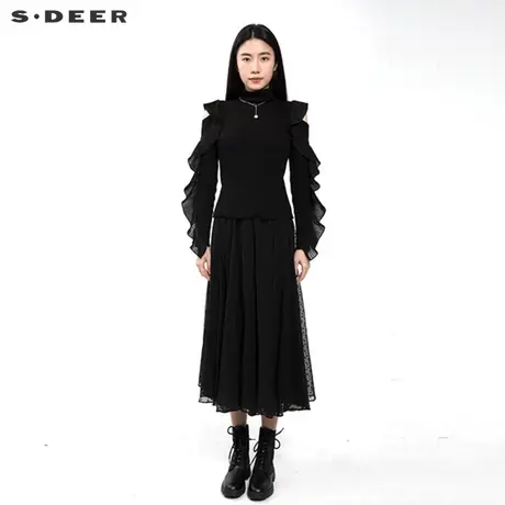 【直播间专属】sdeer圣迪奥女装荷叶边不规则长袖T恤S221Z0213图片