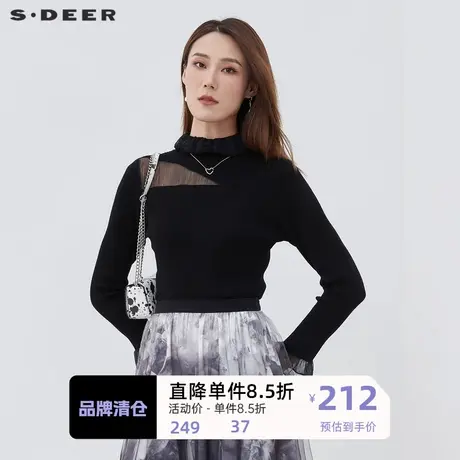 sdeer圣迪奥女装高领镂空网纱修身黑色针织衫S221Z3504图片