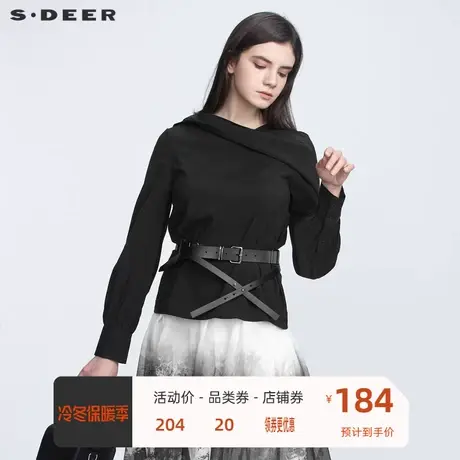 sdeer圣迪奥女装挖肩不规则褶皱黑色衬衫独特设计上衣S21180505图片