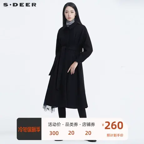 sdeer圣迪奥女装复古翻领收腰网纱印花毛呢黑色大衣S20461808图片