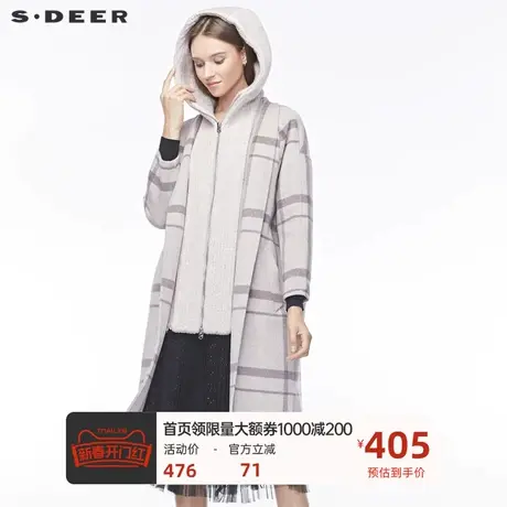 sdeer圣迪奥女装休闲连帽英伦格纹插袋开衩拼接毛呢大衣S19481832图片