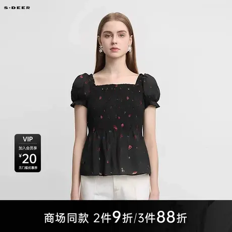 【商场同款】sdeer圣迪奥田园风方领系带泡泡袖碎花上衣S25283209图片