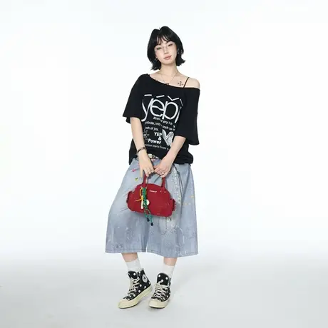 2025夏季新款一字领斜肩创意印花短袖T恤女ins街头风宽松显瘦上衣图片