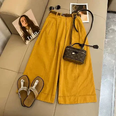 2025夏季韩版气质时尚高腰直筒裤简约九分裤宽松黄色阔脚休闲裤女商品大图