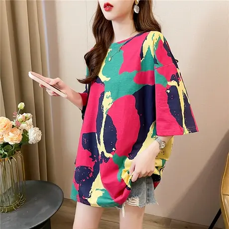 美式短袖T恤女2025新款夏季宽松版扎染撞色印花欧货漂亮时尚上衣商品大图