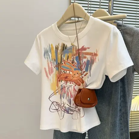 设计感小众短袖T恤女夏季2025新款宽松韩版趣味印花半袖上衣ins潮商品大图