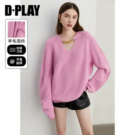 DPLAY冬季新款气质休闲粉色V领含羊毛混纺毛衣宽松上衣长袖女图片