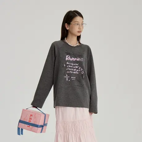 omont蛋挞家 涂鸦印花长袖T恤2024夏季新空气层圆领宽松休闲上衣商品大图