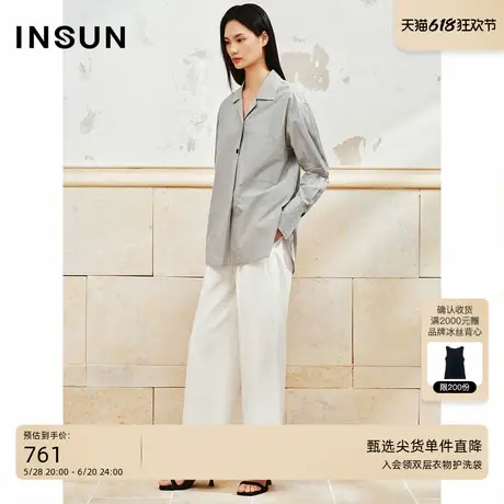 INSUN恩裳夏装时尚古巴领灰色条纹衬衫图片