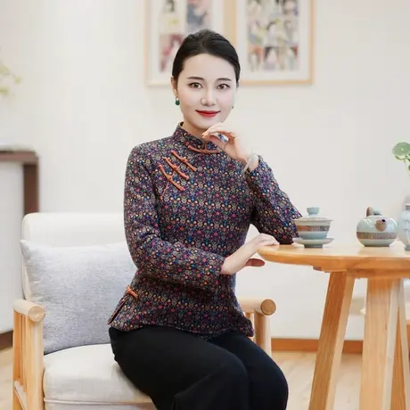 筠雅冬季新款唐装加厚旗袍小棉袄国风夹棉保暖棉衣中年上衣24J421商品大图