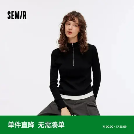 森马毛衣女短款撞色假两件百搭女士内搭秋季半开襟修身毛衫简约风商品大图