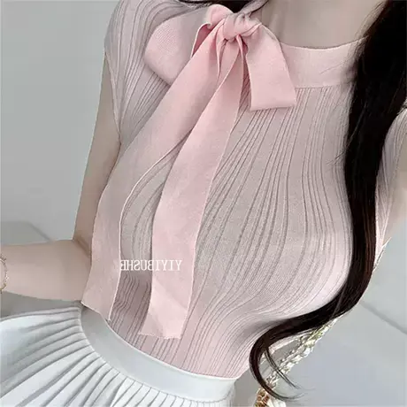 现货 东大门LI021轻奢高级感~纯欲女人味挂脖系带无袖针织上衣商品大图