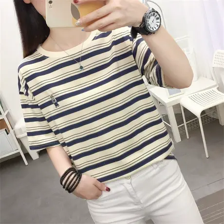 大码条纹t恤女夏季宽松短袖小众oversize休闲复古上衣2024年新款商品大图